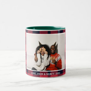 Elegante rode buffel geruite kerst paar foto tweekleurige koffiemok