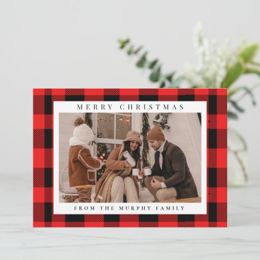 Elegante rode buffel gespeeld Kerstmis Familiefoto Feestdagenkaart (Staand voorkant)