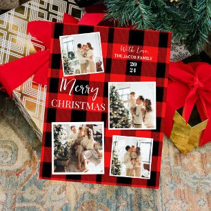Elegante rode buffel kerstboom familie 4 foto feestdagenkaart