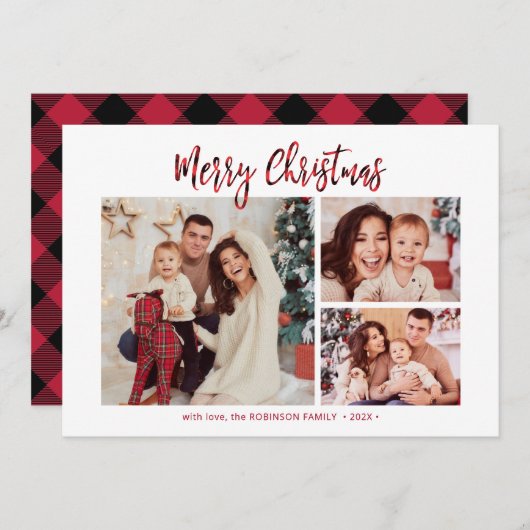 Elegante Rode Buffel Plaid 3 Multi Foto Kerstmis Feestdagenkaart (Voorkant / Achterkant)