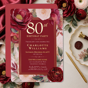 Elegante Rode Camellia Bloem 80ste Verjaardag Goud Folie Uitnodiging