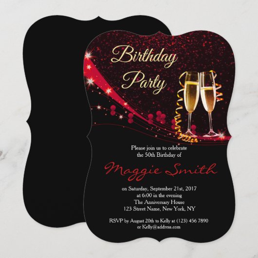 Elegante rode champagne verjaardagsfeestje uitnodi kaart (Voorkant / Achterkant)