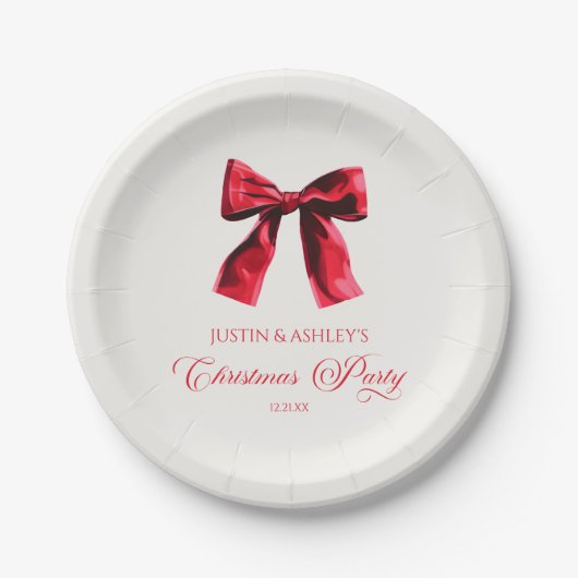 Elegante rode Coquette Bow Christmas Party Papieren Bordje (Voorkant)