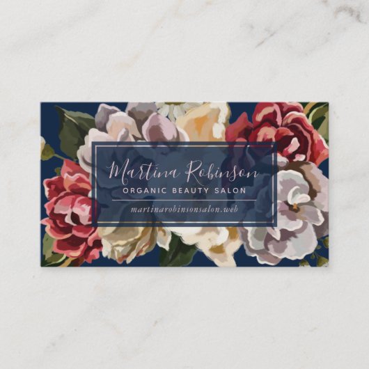 Elegante rode crème bloemen op marineblauw visitekaartje (Voorkant)