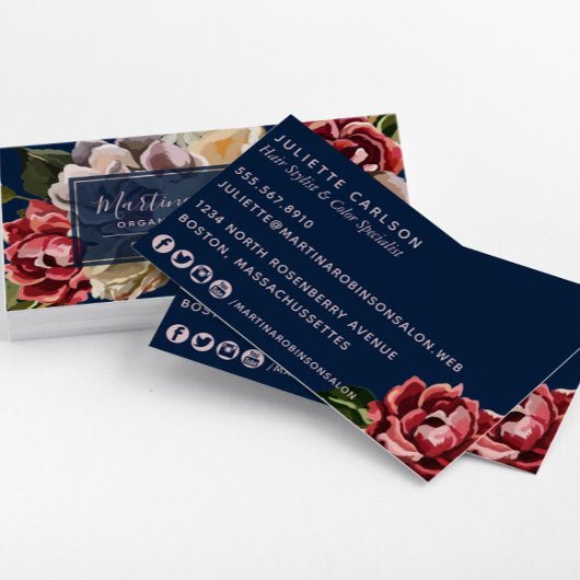 Elegante rode crème bloemen op marineblauw visitekaartje