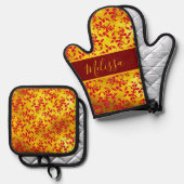 Elegante rode damast en gouden textuur ovenwant & pannenlap set (Voorkant / Achterkant)