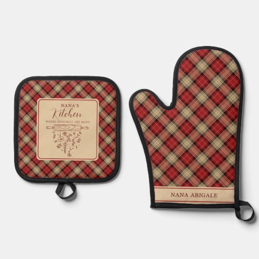 Elegante rode en beige Tartan Plaid Nana's Keuken Ovenwant & Pannenlap Set (Voorkant)