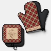 Elegante rode en beige Tartan Plaid Nana's Keuken Ovenwant & Pannenlap Set (Voorkant / Achterkant)
