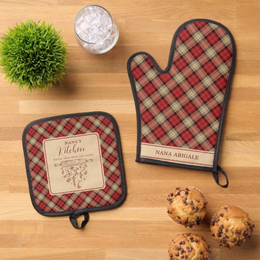 Elegante rode en beige Tartan Plaid Nana's Keuken Ovenwant & Pannenlap Set (Top down)