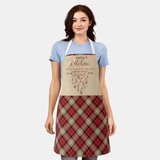 Elegante rode en beige Tartan Plaid Nana's Keuken Schort (Gedragen)