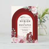 Elegante Rode en Bloemrijke Moslim Bruiloft Kaart (Staand voorkant)