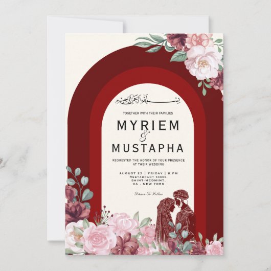 Elegante rode en bloemrijke moslimhuwelijk kaart (Voorkant)