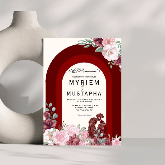 Elegante rode en bloemrijke moslimhuwelijk kaart