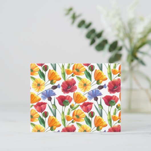 Elegante rode en gele klaproos bloemen, korenbloem briefkaart (Staand voorkant)