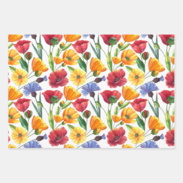 Elegante rode en gele papaverbloemen, korenbloemen inpakpapier vel