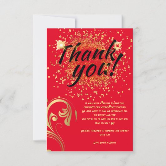 Elegante rode en gouden aangepaste bruiloft bedankkaart (Achterkant)