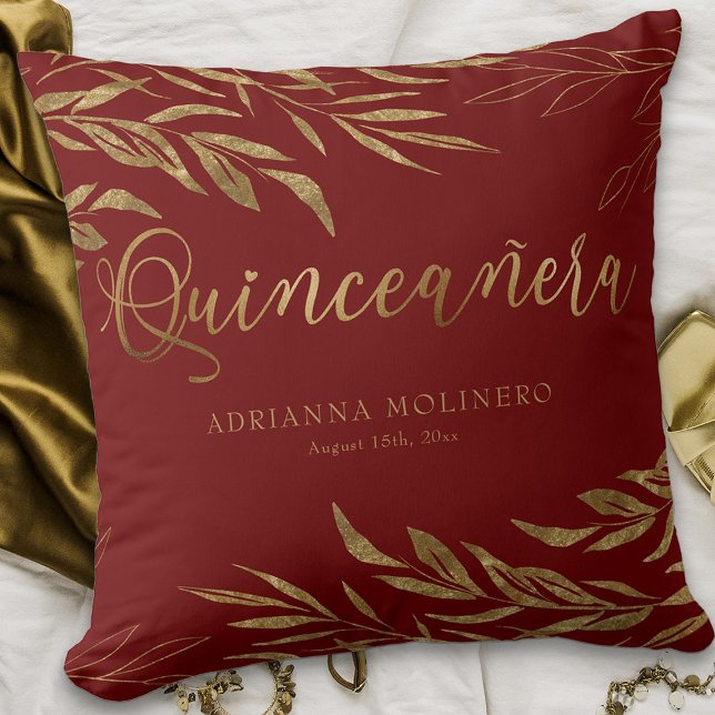 Elegante rode en gouden blad gepersonaliseerde Qui Kussen (Red Quinceanera keepsake pillow from my Gold Leaf Quinceanera Collection)