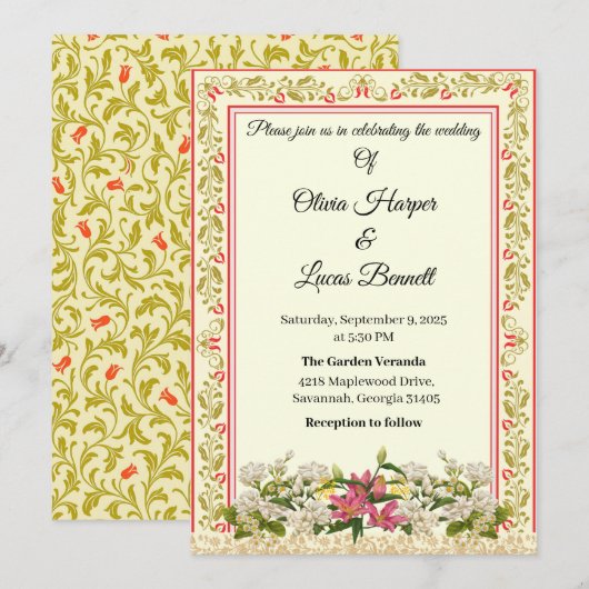 Elegante rode en gouden bloemen bruiloft uitnodigi kaart (Voorkant / Achterkant)