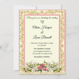 Elegante rode en gouden bloemen bruiloft uitnodigi kaart