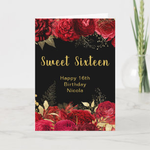 Elegante rode en gouden bloemen Sweet Sixteen Kaart