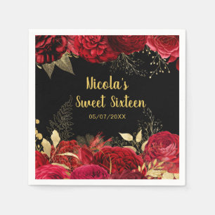 Elegante rode en gouden bloemen Sweet Sixteen  Servet
