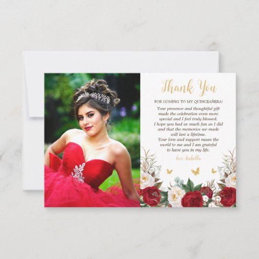 Elegante rode en gouden bloemenfoto Quinceañera Bedankkaart (Voorkant)