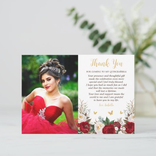 Elegante rode en gouden bloemenfoto Quinceañera Bedankkaart (Staand voorkant)