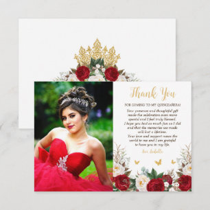 Elegante rode en gouden bloemenfoto Quinceañera Bedankkaart