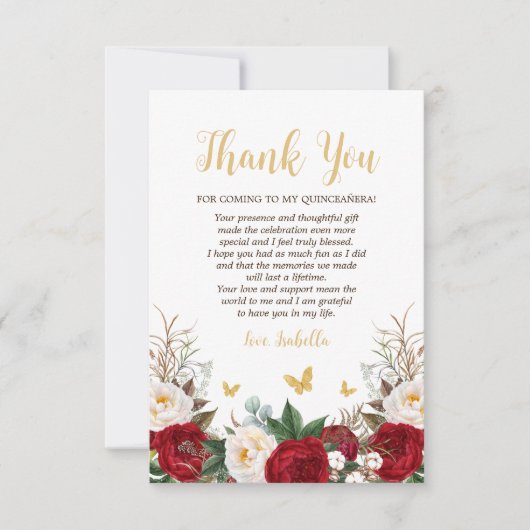 Elegante rode en gouden bloemenfoto Quinceañera Bedankkaart (Voorkant)