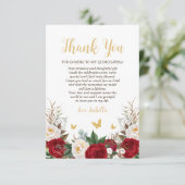 Elegante rode en gouden bloemenfoto Quinceañera Bedankkaart (Staand voorkant)