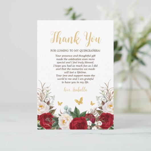 Elegante rode en gouden bloemenfoto Quinceañera Bedankkaart (Staand voorkant)