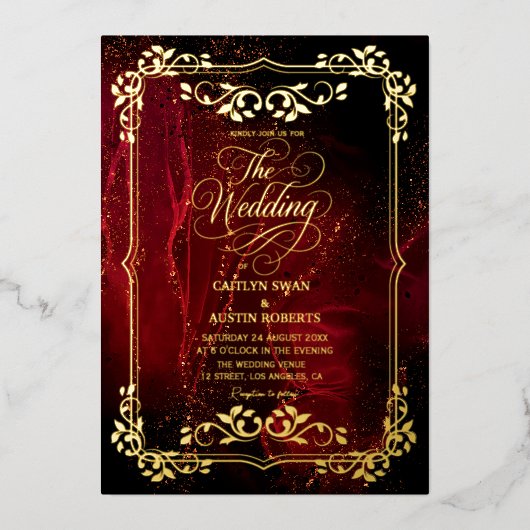 Elegante rode en gouden  bruiloft folie uitnodiging (Voorkant)