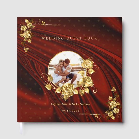 Elegante rode en gouden bruiloft gepersonaliseerd gastenboek (Voorkant)