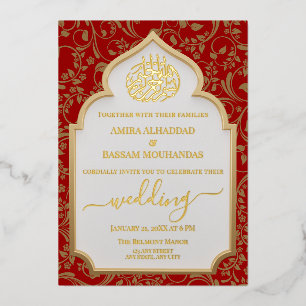 Elegante Rode en Gouden Echte Folie Islamitische H Uitnodiging