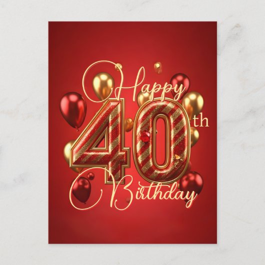 Elegante rode en gouden gestreepte 40e verjaardag briefkaart (Voorkant)