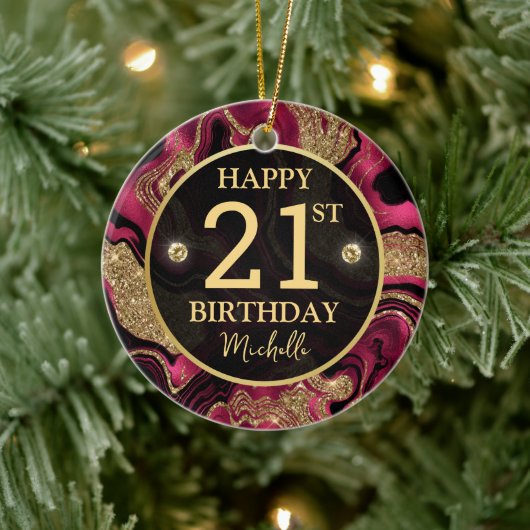 Elegante Rode en Gouden Glitter Agaat Verjaardag Keramisch Ornament (Boom)