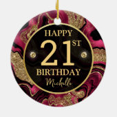 Elegante Rode en Gouden Glitter Agaat Verjaardag Keramisch Ornament (Achterkant)