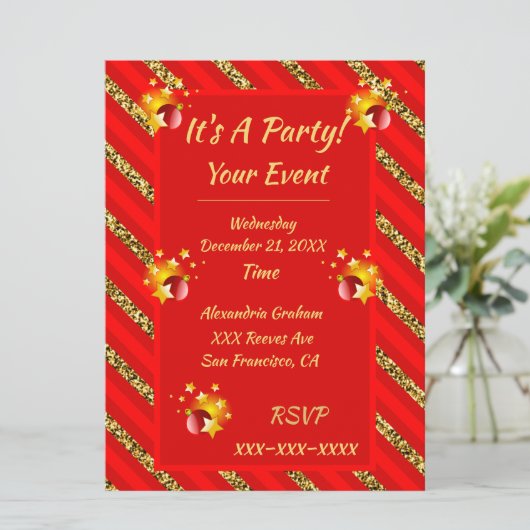 Elegante rode en gouden glitter strepen kerstfeest kaart (Staand voorkant)