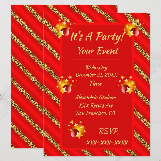 Elegante rode en gouden glitter strepen kerstfeest kaart (Voorkant / Achterkant)