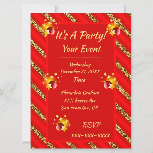 Elegante rode en gouden glitter strepen kerstfeest kaart (Voorkant)