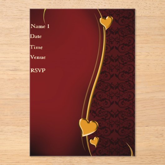 Elegante rode en gouden hart bruiloft uitnodiging (Voorkant)