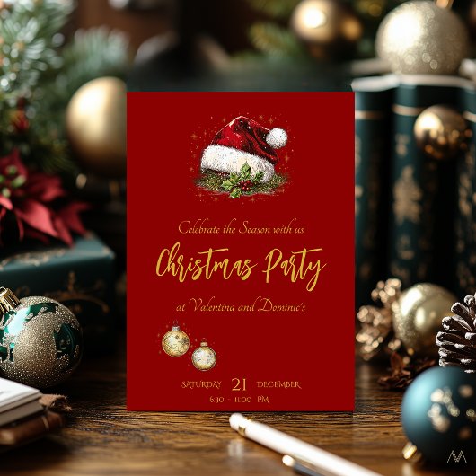 Elegante Rode en Gouden Kerstfeest Uitnodiging