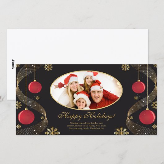 Elegante rode en gouden kerstkaart met ornamenten. (Voorkant / Achterkant)