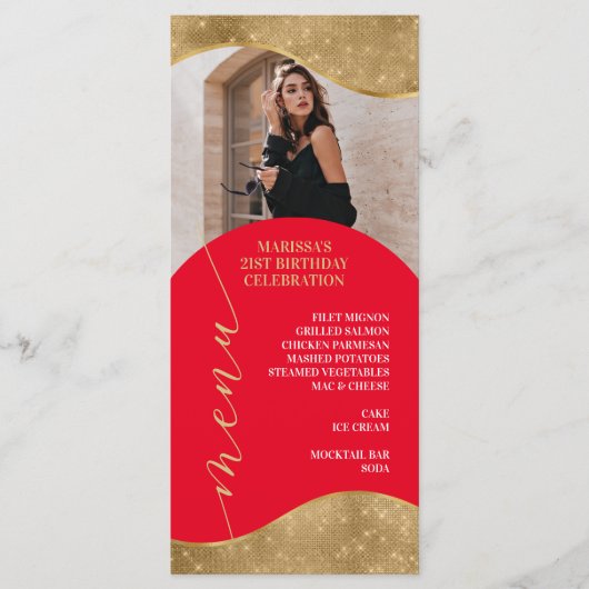 Elegante rode en gouden menukaart met foto (Voorkant)