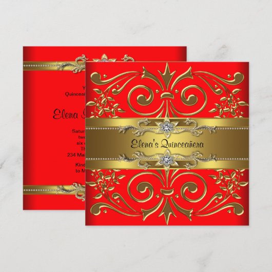 Elegante rode en gouden Quinceanera-uitnodigingen Kaart (Voorkant / Achterkant)