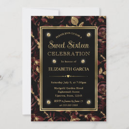 Elegante Rode en Gouden Roos Bloemige Sweet 16 Kaart