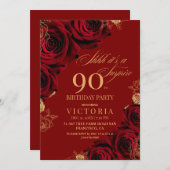 Elegante rode en gouden rozen bloemige 90ste verja kaart (Voorkant / Achterkant)