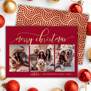 Elegante Rode en Gouden Schrift 3 foto Kerstmis Feestdagenkaart