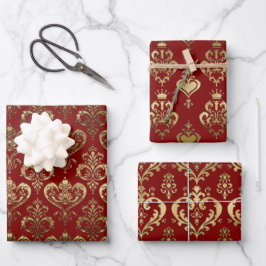 Elegante rode en gouden sierlijke harten damast inpakpapier vel