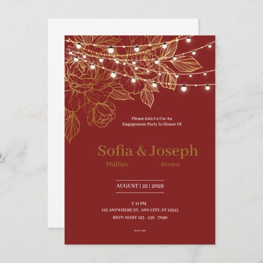 Elegante rode en gouden trouw uitnodiging (Voorkant / Achterkant)